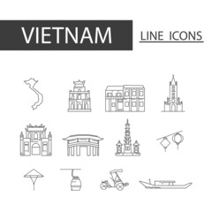 Icons set of Vietnam black thin line. Set of map, architecture, tradition and more.