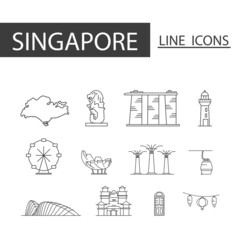Icons set of Singapore black thin line. Set of map, architecture, tradition and more.