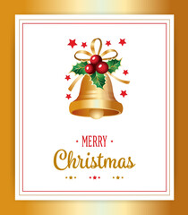 Merry Christmas Greetings With Red Cherries Golden Bell Ribbon And Stars