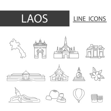 Icons set of Laos black thin line. Set of map, architecture, tradition and more.