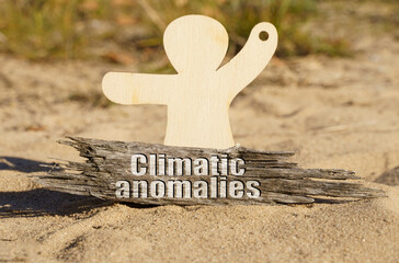 On the sand near the wooden figurine of a man there is a piece of wood with the inscription - Climatic anomalies