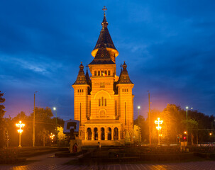 Night view of Romanian Orthodox Metropolitan Cathedral, Timisoara