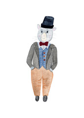 Watercolor vintage gentlemen mouse illustration isolated on white backdrop. 