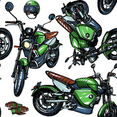 A classic-looking motorcycle - hand-drawn sketch. Seamless Pattern