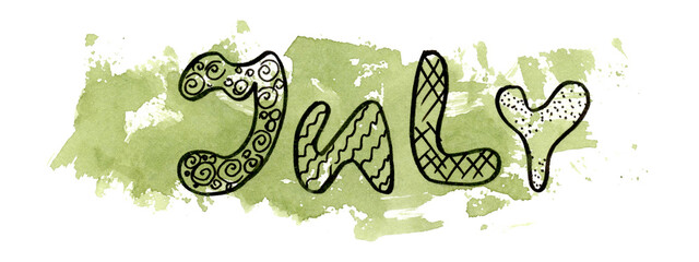 Summer black Line art lettering July month with Watercolor green blot on white background