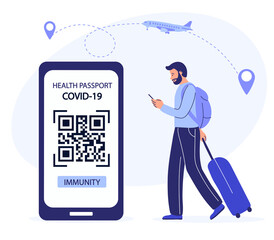 Health passport with qr code on the smartphone screen. a man with a phone goes to check-in. Takeoff. Travel for new requirements. Covid-19 prevention, healthcare. Flat vector illustration.