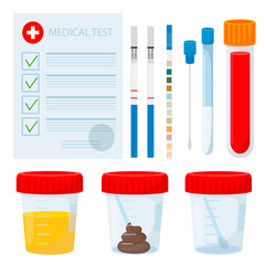 Laboratory analysis set. blood test, urine, semen, feces, pregnancy test, urine test. Cartoon style - obrazy, fototapety, plakaty