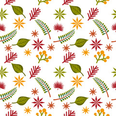 Autumn leaves cute seamless pattern on white background . Colorful fallen leaves and berries flat illustration. Autumnal wallpaper or textile design in vector