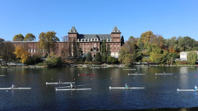 timelapse canoe regatta Silver Skiff 2021 Turin Piedmont Italy with Valentino's Castle at background