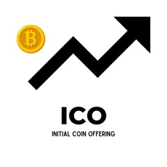 Cryptocurrency word "ICO" with arrow up and yellow coin isolated on white background