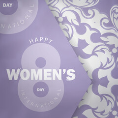 Greeting card international women's day in purple color with luxurious white ornaments