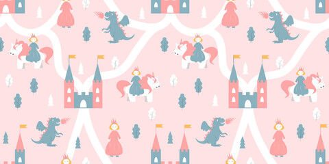 cute vector seamless pattern with princesses, unicorns, dragons and castles. childish pattern in flat style for printing on fabric, wallpaper, clothing © Viktoria