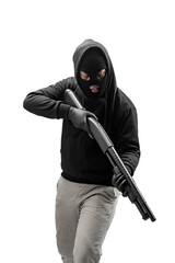 Criminal man in hidden mask pointing the shotgun