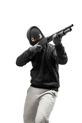 Criminal man in hidden mask pointing the shotgun