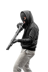 Criminal man in hidden mask pointing the shotgun