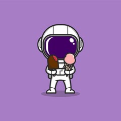 cute cartoon astronaut with big ice cream. vector illustration for mascot logo or sticker