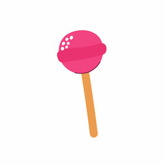 Cartoon round candy on a stick. Lollipop isolated on white background. Yummy lolly. Hand-drawn color pink sweet dessert for kids party, Easter, birthday. Vector kawaii trick or treat illustration
