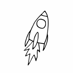 Line space doodle sticker. Flying rocket isolated on white background. Outline astronomical object. Spaceship symbol of travel, education, scientific discovery, launch. Vector science illustration