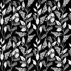 Seamless Pattern with small flowers in liberty style in outline on black  background , Seamless pattern with line art hand drawn illustration of wild flowers vector .