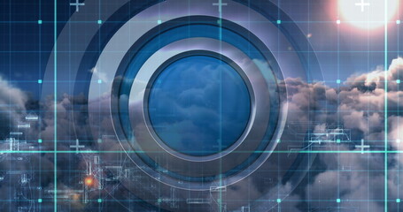 Obraz premium Zoom view of network connectivity icon among the clouds with moving grid screen background