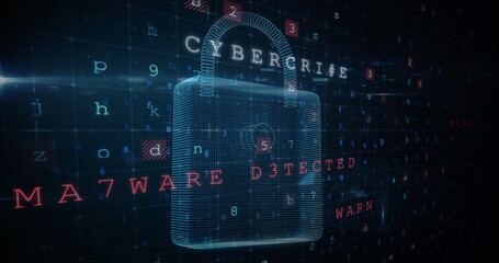A 3d graphic view of cyber security lock that has cyber crime threats form a computer screen