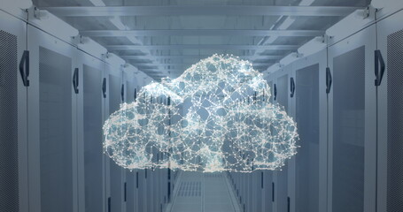 Aisle view of data server room with a cloud network graphic that appeared and disappeared