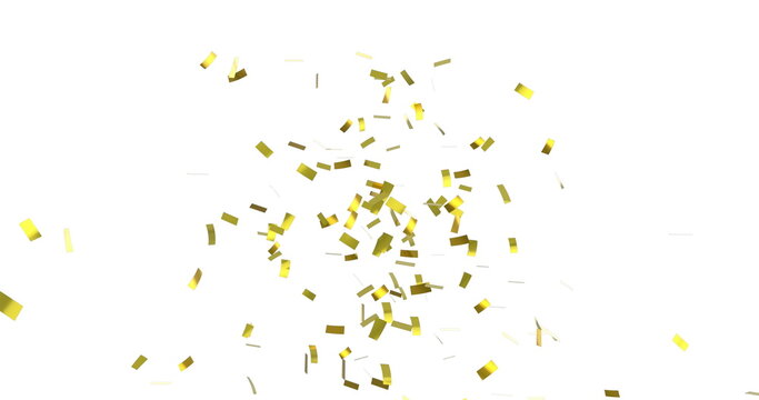 Digital image of gold confetti falling against a white background