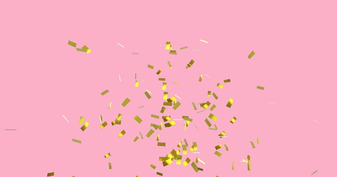 Digital image of gold confetti falling against a pink background