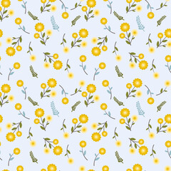 Floral pattern. Pretty flowers on gray blue background. Printing with small yellow flowers. Seamless vector texture. Spring bouquet.
