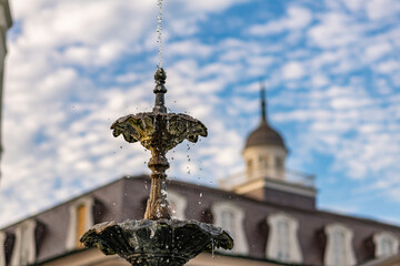 Close up on the fountain in front of the Presbytere and the famous St. Louis Cathedral in Jackson...