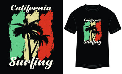 T-shirt California Surfing Vector Illustration and Colorful T-shirt Design Ready For Print in Black Background.