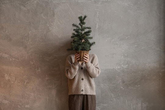 Beautiful woman holding bucket with fir needle branches against neutral concrete wall. Aesthetic minimalist Christmas holiday composition