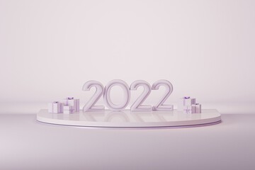 Minimal scene with podium, gift box and pastel purple background. Concept of Happy New Year 2022. 3D numbers 2022 and letter text, poster, banner, cover card, brochure, studio, mockup. 3d render
