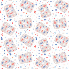 Watercolor vintage seamless pattern with Christmas cozy illustration isolated on white background. Hygge winter New Year collection. gift with christmas tree, decorations, dots, doodles, stars.