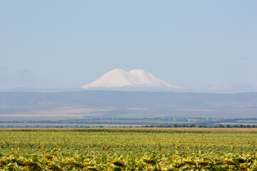 View of Mount Elbrus. It is the highest mountain peak in Russia and Europe - 468298945