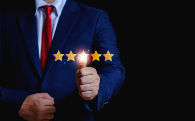 customer experience concept hand showing five star excellent score on background copy space