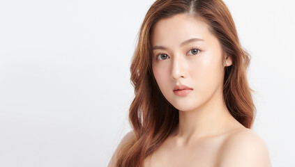 Naklejka premium Beautiful young asian woman with clean fresh skin on white background, Face care, Facial treatment, Cosmetology, beauty and spa, Asian women portrait.
