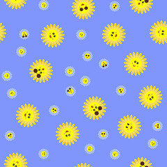 Smile flower face. Seamless pattern of funny daisies, positive emotions. Childish background with funny emoji. Floral round comics and happy faces. Modern design art for kids textiles, banner. Vector