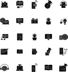 Black and white Online Education and Elearning flat icon vector collection set