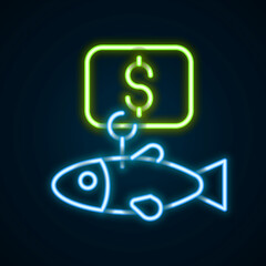 Glowing neon line Price tag for fish icon isolated on black background. Colorful outline concept. Vector