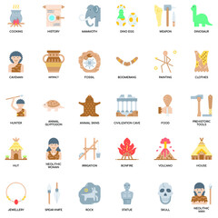 Prehistoric Elements flat vector icon collection set