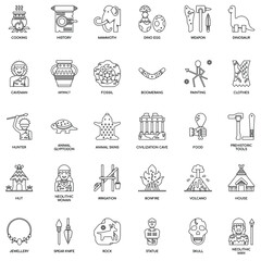 Outline Prehistoric Elements flat vector icon collection set