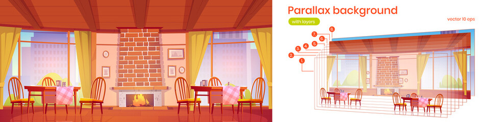 Cozy cafe or restaurant with fireplace and wooden furniture. Vector parallax background for 2d animation with cartoon interior of cafeteria with tables, chairs and brick fireplace with burning flame