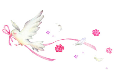 ピンクのリボンをくわえた白い鳥と舞う羽と花　手描き色鉛筆画