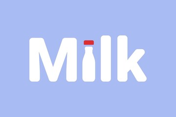 Stylized inscription Milk with a bottle of milk. Graphic design for label, brand, badge, advertisement, logo, icon. Vector illustration