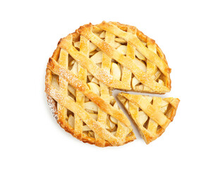 Delicious traditional apple pie isolated on white, top view