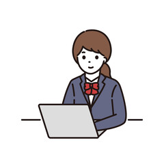 笑顔でノートパソコンを操作する制服の女子学生
