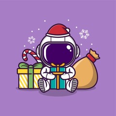 cute cartoon astronaut with christmas gifts and presents. vector illustration for mascot logo or sticker