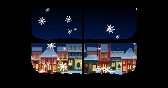 Animation of snow falling over christmas scenery with houses seen through window