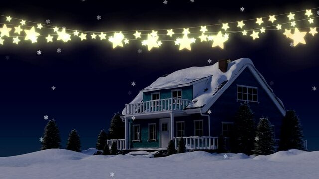 Animation of falling snow and christmas star string lights over snow covered house